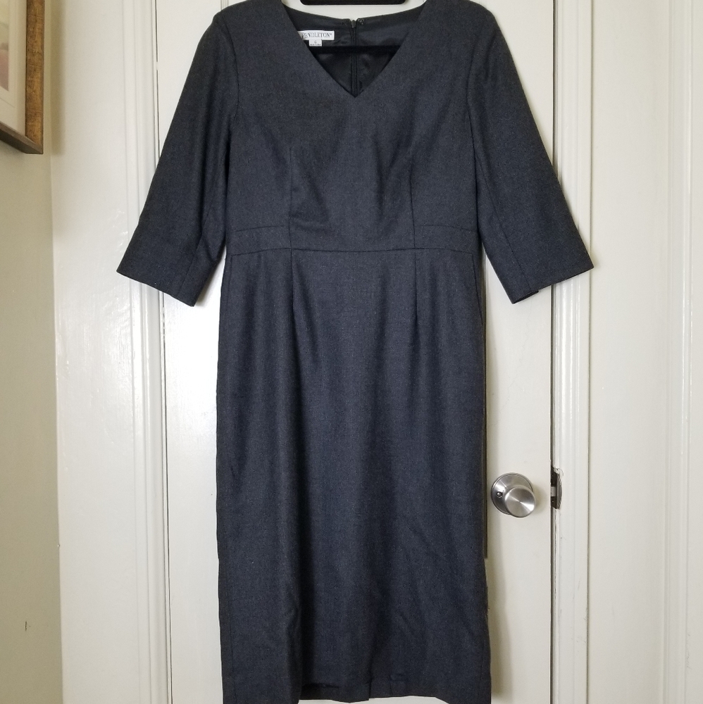 PENDLETON gray v neck 3/4 sleeve midi virgin wool classic dress